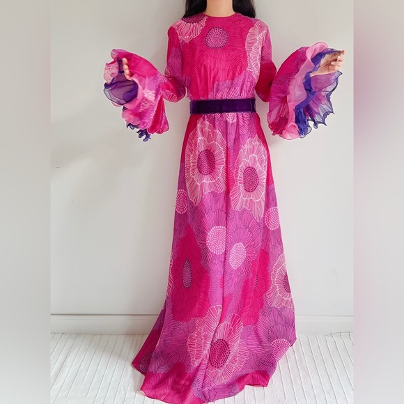 silvana Dresses & Skirts - 1960s Chiffon Floral Maxi Dress with layered bell sleeves. Barbie party ready!